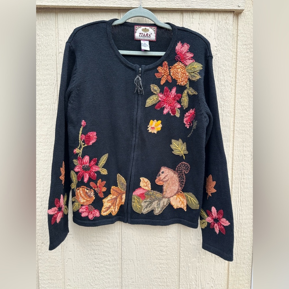 Tiara Black  Patchwork with Floral and Squirrel Embroidery Zip up Cardigan - Picture 3 of 9